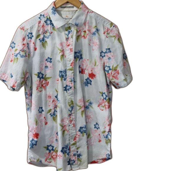 Tommy Bahama Casual Pink and Blue Floral Button Down Shirt - Picture 1 of 12